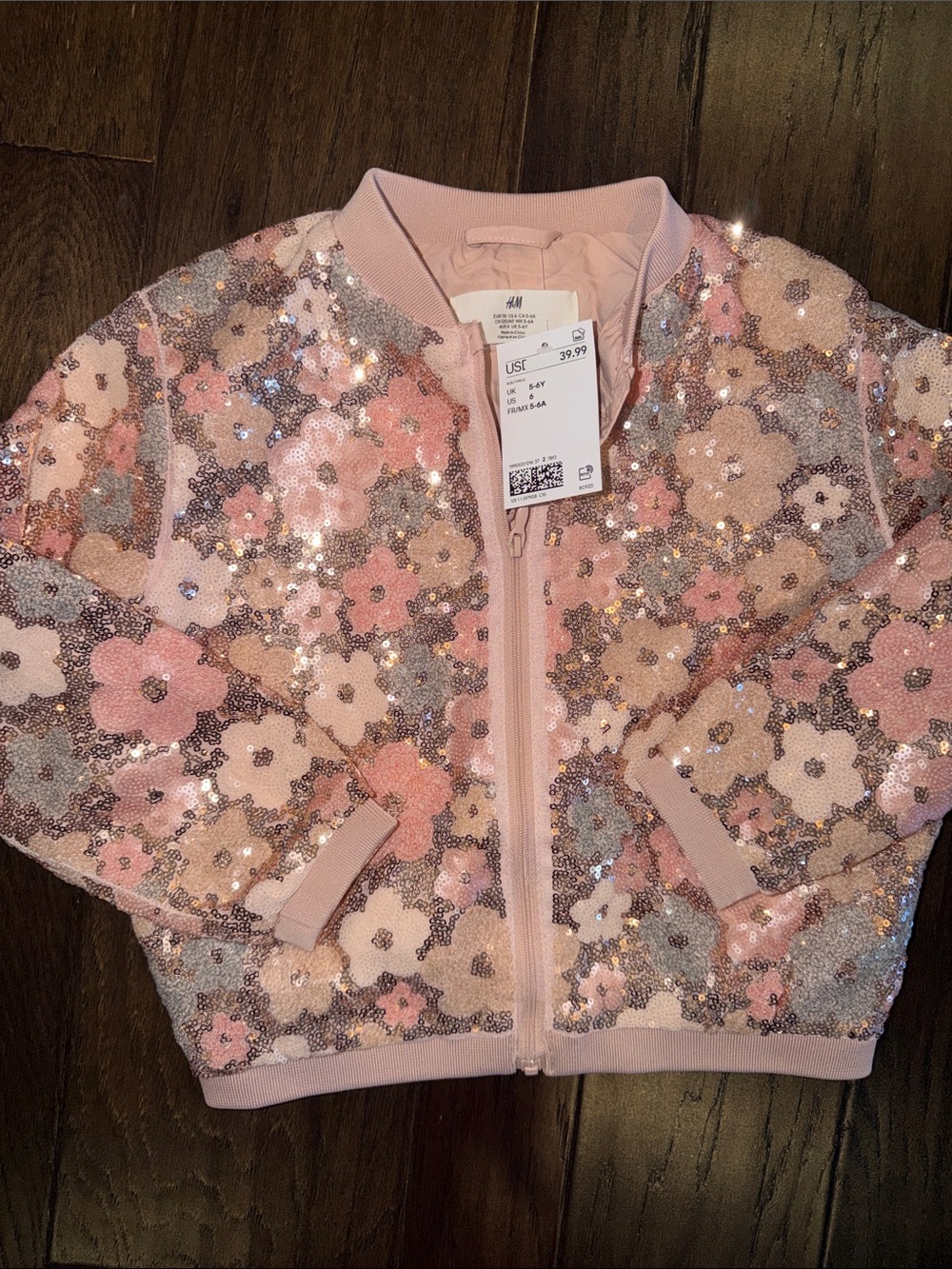 H&M Pink Sequin Floral Bomber Jacket for Kids 5-6